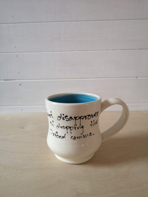 “Robot disapproves of dropping the Oxford comma” mug